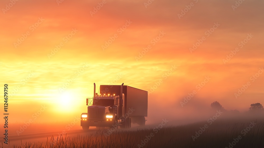 Fototapeta premium A semi-truck drives along a highway with a golden sunset in the background.
