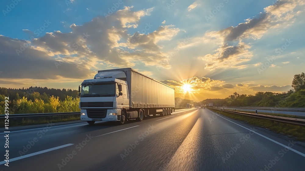 A semi-truck drives on a highway at sunset, with a mountain range in the distance. A semi-truck drives on a highway at sunset, with a mountain range in the distance.