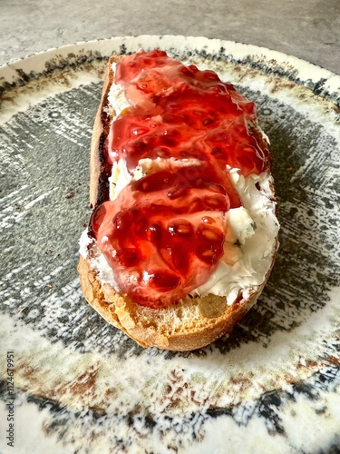 Homemade Pomegranate jam with cream cheese on bread served at breakfast. photo