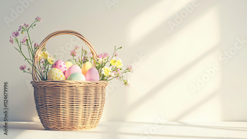 Easter eggs pastel in wicker basket and spring flowers.