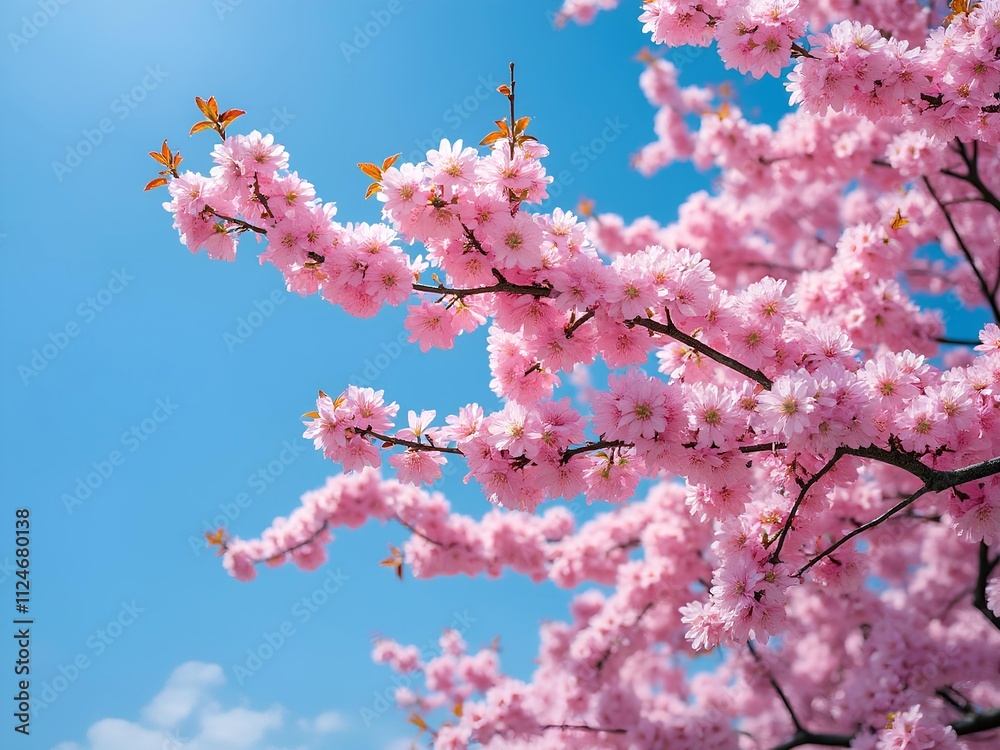 Bottom view of pink sakura tree with blue sky Bottom view of pink sakura tree with blue sky