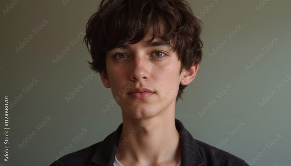 Serious teenage boy portrait with tousled hair and neutral expression against soft background Serious teenage boy portrait with tousled hair and neutral expression against soft background