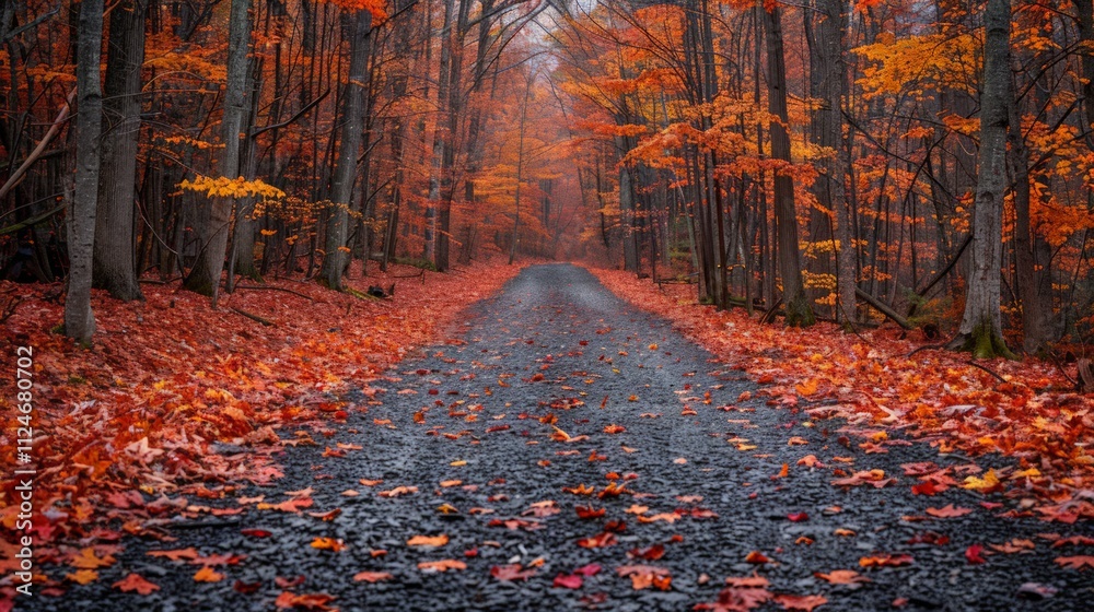 Fototapeta premium Autumn pathway forest trail nature photography vibrant fall colors ground level scenic tranquility