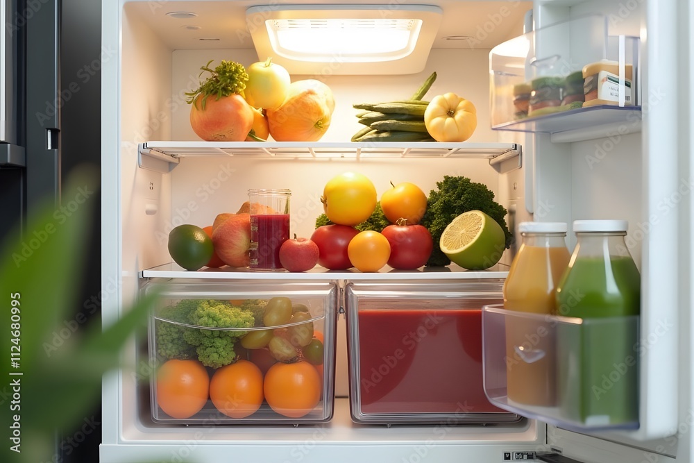 A beautifully organized fridge filled with fresh fruits, vegetables, and smoothies. A beautifully organized fridge filled with fresh fruits, vegetables, and smoothies.