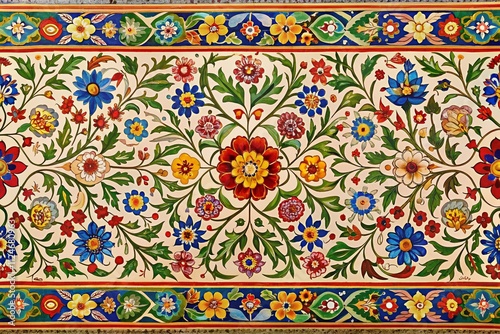 Aerial View of Magnificent Mughal Era Flowery Border Pattern Showcasing the Rich Decorative Heritage of India in an Intricate Continuous Design