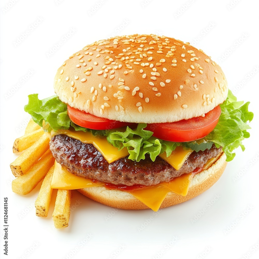 Cheeseburger and fries on white background, representing fast food, casual dining, and the food photography industry. Cheeseburger and fries on white background, representing fast food, casual dining, and the food photography industry.