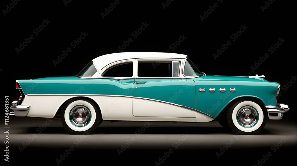 1950s Classic Sedan with Teal and White Finish and Chrome Accents 1950s Classic Sedan with Teal and White Finish and Chrome Accents