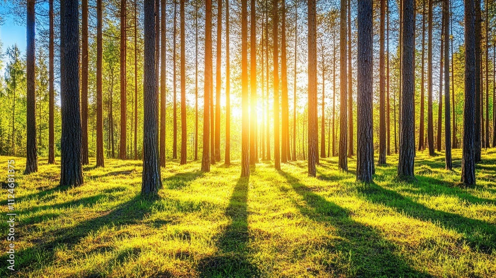 Fototapeta premium Serene Woodland Wonderland: A Majestic Sunset Landscape