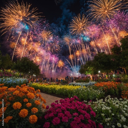 Fireworks exploding over a colorful flower garden during a festival.