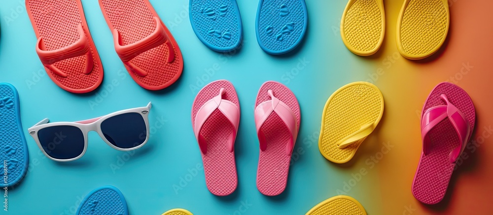 Colorful Summer Flip-Flops and Sunglasses on a Gradient Background Colorful Summer Flip-Flops and Sunglasses on a Gradient Background