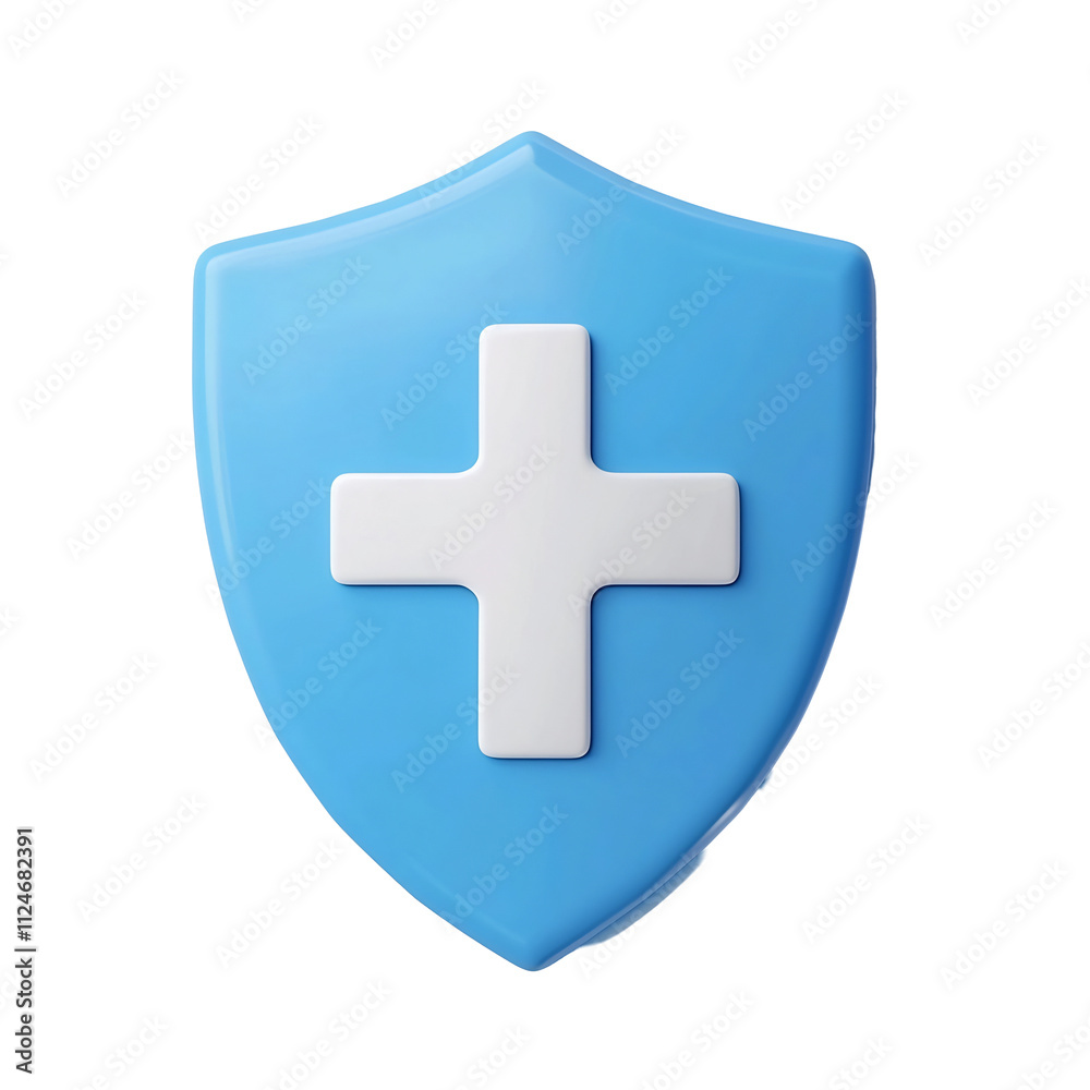 Obraz premium Blue and White Shield with Plus Icon Symbol,Minimalistic 3D Cartoon Style