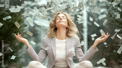 Happy young business woman meditating under money rain falling down cash photo