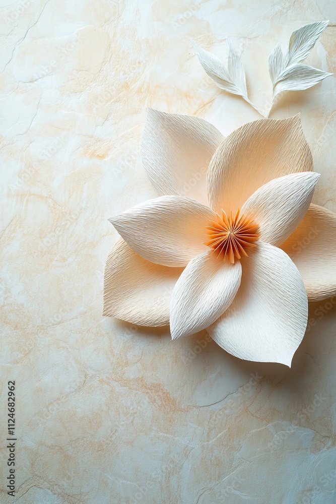 Elegant paper flower on textured backdrop, crafting concept Elegant paper flower on textured backdrop, crafting concept