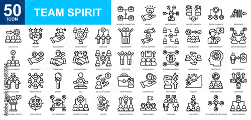 Team Spirit icon collection set. Teamwork, team sucess, team leader, team building, team support icon. Simple line vector.