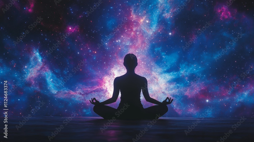 Meditating silhouette in cosmic galaxy backdrop, representing spiritual energy, mindfulness, yoga, and meditation art for wellness and holistic practices.