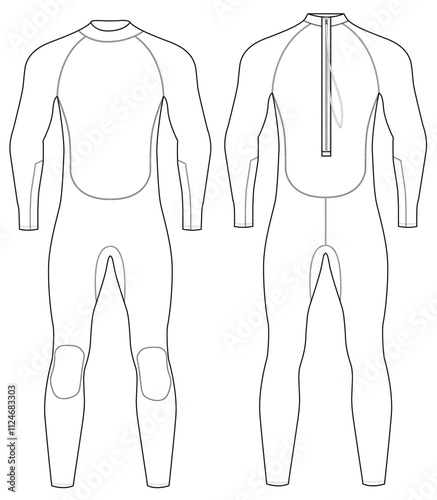 technical drawing of a men's wetsuit with a front zipper closure, Vector illustration design
