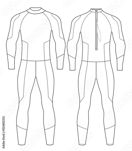technical drawing of a men's wetsuit with a front zipper closure, Vector illustration design
