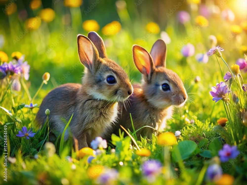 Fototapeta premium Aerial View of Playful Young Rabbit Kittens Frolicking in a Lush Meadow Surrounded by Wildflowers and Green Grass in Bright Natural Light