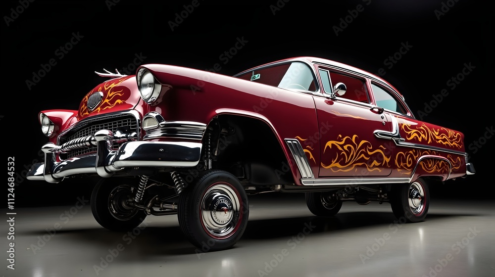 Fototapeta premium Custom Lowrider with Raised Front Suspension and Intricate Airbrush Art