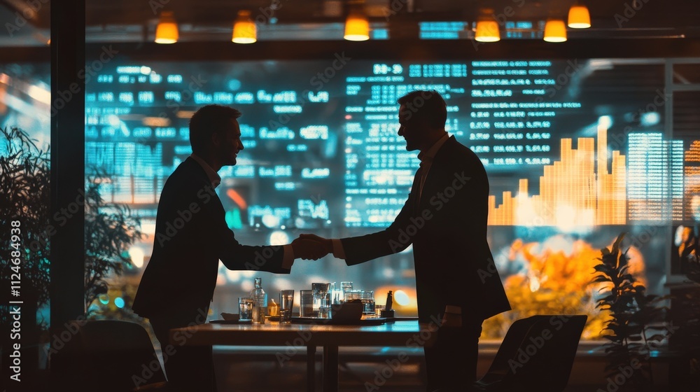 Business handshake symbolizing financial prosperity and technological assets Business handshake symbolizing financial prosperity and technological assets