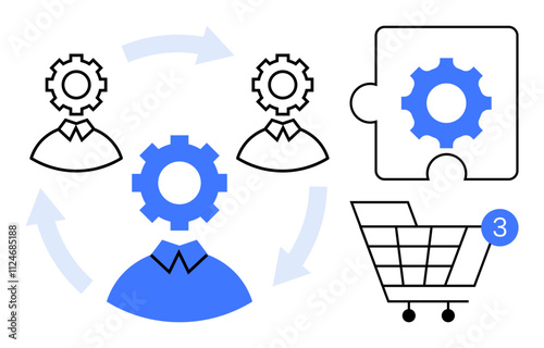 Three figures with gear heads in a collaborative cycle, puzzle piece with gear, shopping cart with three notifications. Ideal for teamwork, workflow, project management, business strategy, technology