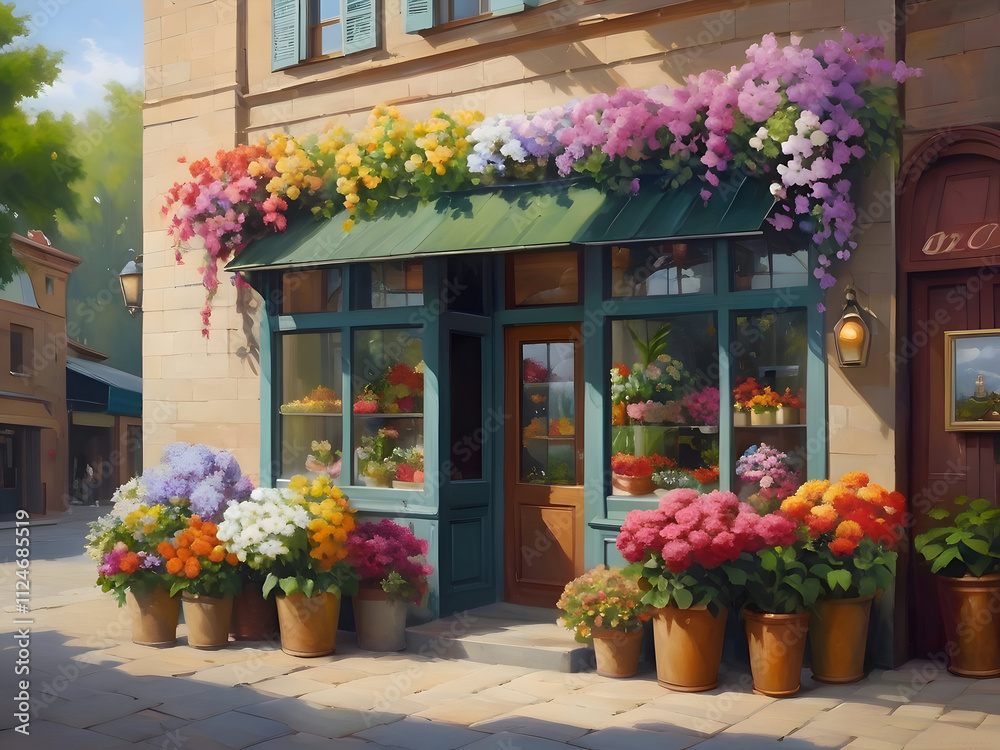 Fototapeta premium Flower Shop Oil Painting Illustration Art