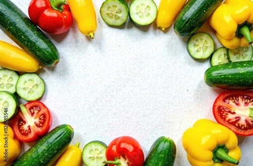Top down view, frame for text made from zucchini, yellow peppers, fresh greens, copy space