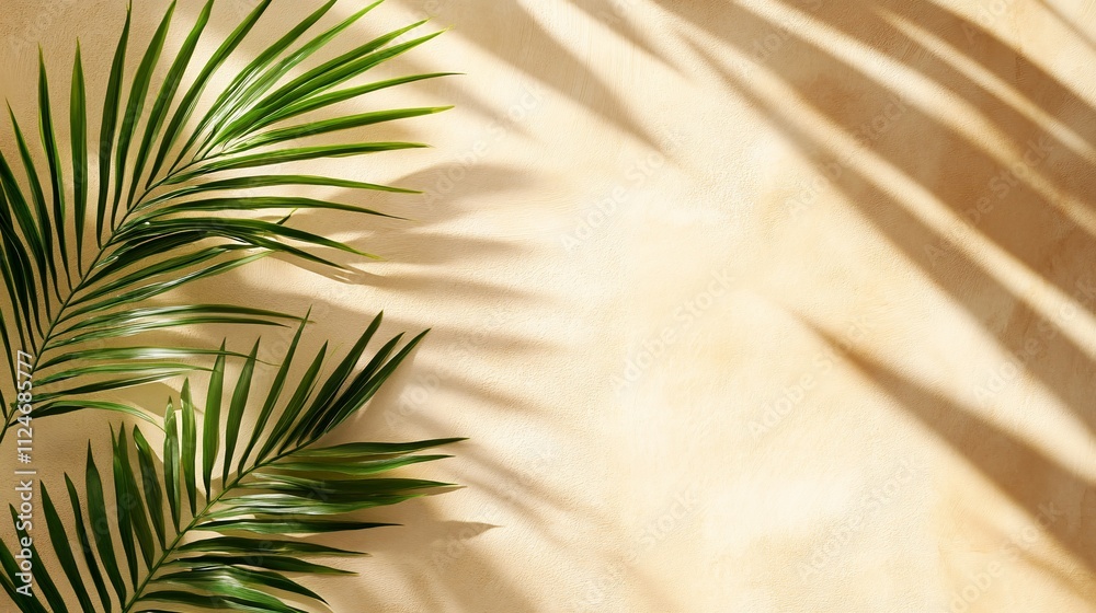 Obraz premium Palm Fronds Cast Shadows On Beige Wall