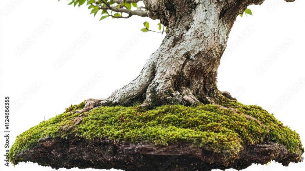 Close-up of bonsai tree with moss-covered base, isolated on white background, intricate bark texture Close-up of bonsai tree with moss-covered base, isolated on white background, intricate bark texture