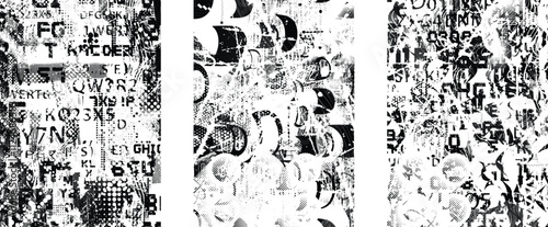 Set of glitch distorted grunge overlay textures. Collection of overlaying textures with halftone dots, scratches and lines .Screen print vector layers pack. Overlays with grunge textured surface
