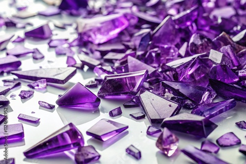 Aerial View of Shattered Violet Glass Fragments on White Background Highlighting the Sharp Edges and Textures of Remelted Glass Pieces for Artistic and Industrial Uses photo