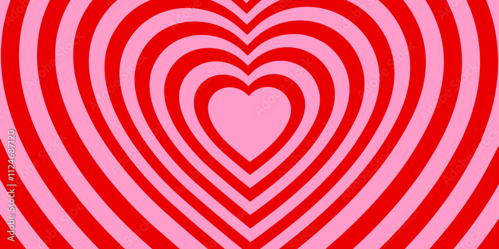 Monochrome horizontal background of heart shaped tunnel. Rainbow romantic pattern. Pink and red colors. Trendy vector illustration in style retro 60s, 70s. Monochrome horizontal background of heart shaped tunnel. Rainbow romantic pattern. Pink and red colors. Trendy vector illustration in style retro 60s, 70s.