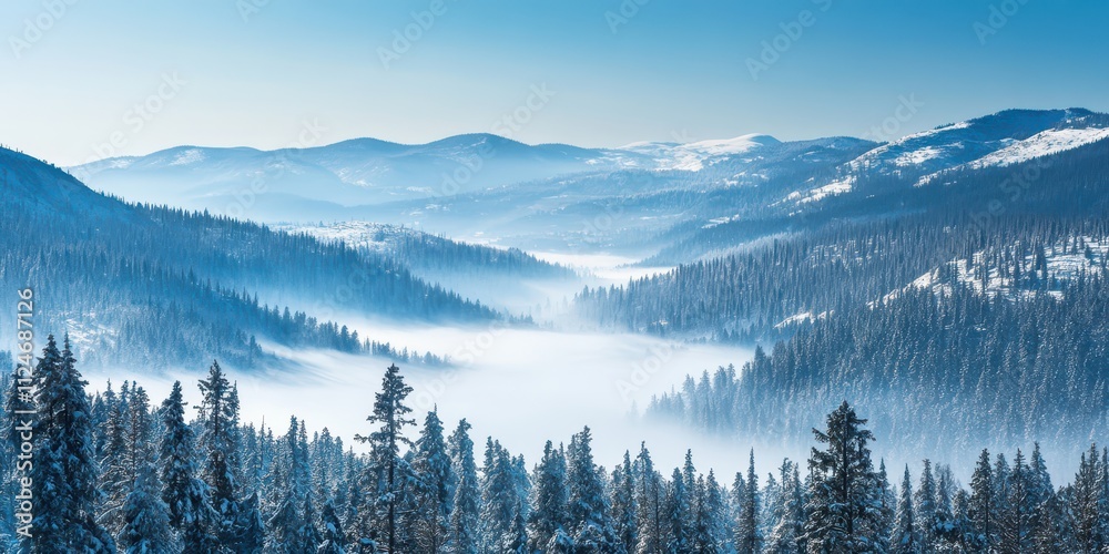 A snow-covered mountain range with mist rolling through valleys, the air crisp and cold. A snow-covered mountain range with mist rolling through valleys, the air crisp and cold.