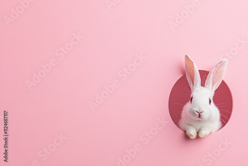 Cute white rabbit peeking through a circular hole in a pink background during a playful moment