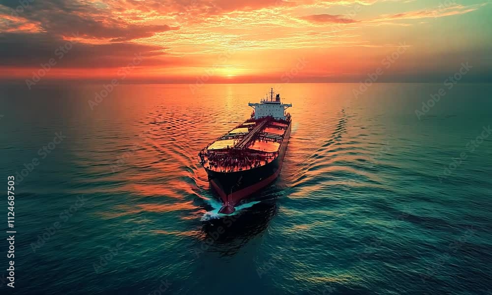 A cargo ship navigating calm waters during a vibrant sunset. A cargo ship navigating calm waters during a vibrant sunset.
