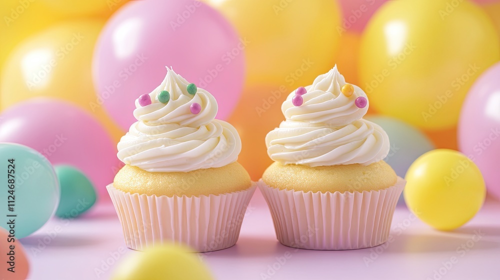 Two Vanilla Cupcakes with Sprinkles and Balloons Two Vanilla Cupcakes with Sprinkles and Balloons