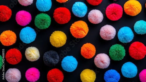 Colorful array of pom poms are scattered across a black background. The pom poms come in a variety of colors, including red, yellow, green, and blue. Concept of fun and playfulness photo