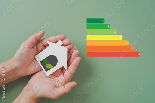 House energy efficiency, eco home renovation save cost. Low consumption ecological house, Sustainable Development, hand hold real house paper cut with plant icon, energy efficiency scale