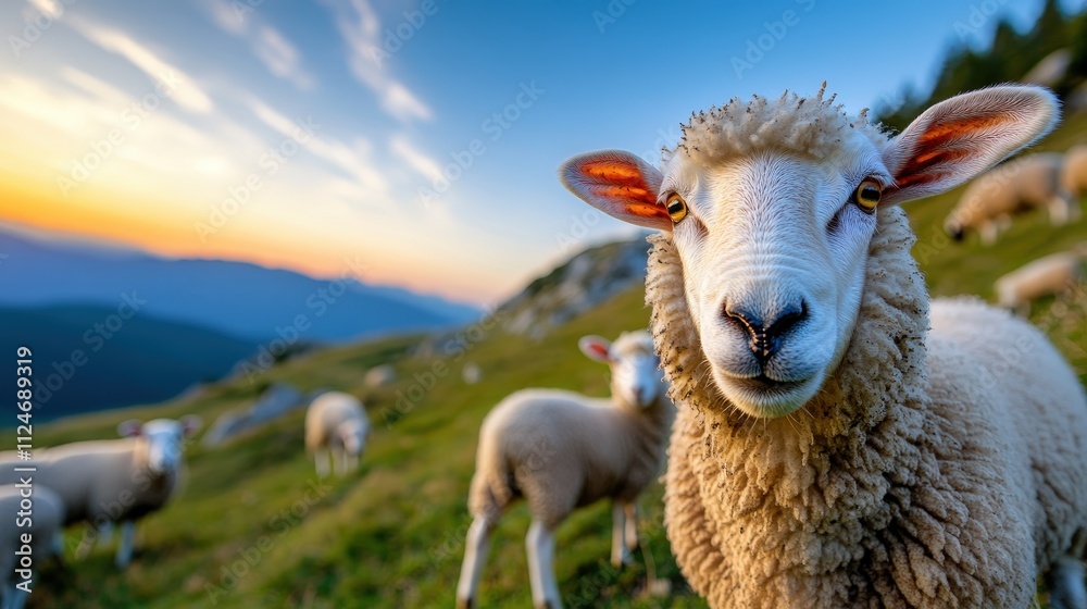 Naklejka premium A charming sheep gazes curiously at the camera, surrounded by lush green hills, representing serenity and the beauty of pastoral life in a natural setting.