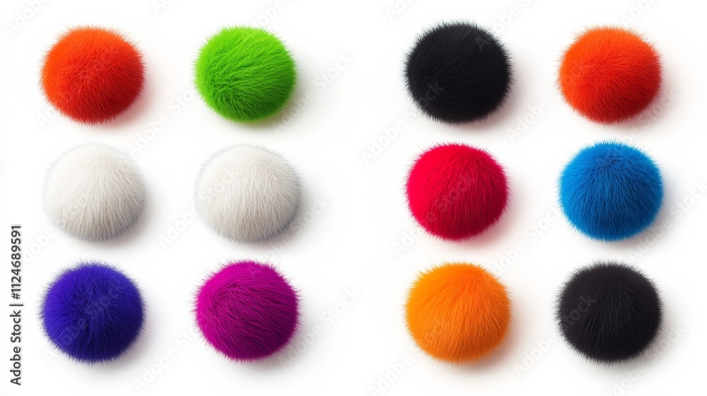 Fototapeta premium Collection of fuzzy balls in various colors, including white, orange, and purple. The balls are arranged in a row, with some overlapping each other. Concept of playfulness and fun