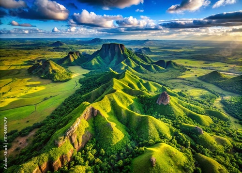 Aerial View of the Breathtaking Ybytyruzu Mountains Overlooking the Vast Flat Plain Below in Paraguay Captured from 500 Meters High, Showcasing Nature's Splendor and Scenic Beauty photo