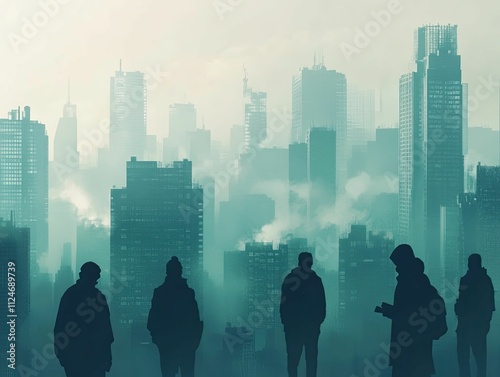 Silhouetted figures gaze at foggy cityscape.