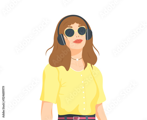  Young girl with headphones listening to music. Concept of relaxation, rest. Vector illustration