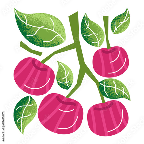 Beautiful illustration with texture. Cherry berries and leaves. Vector graphic