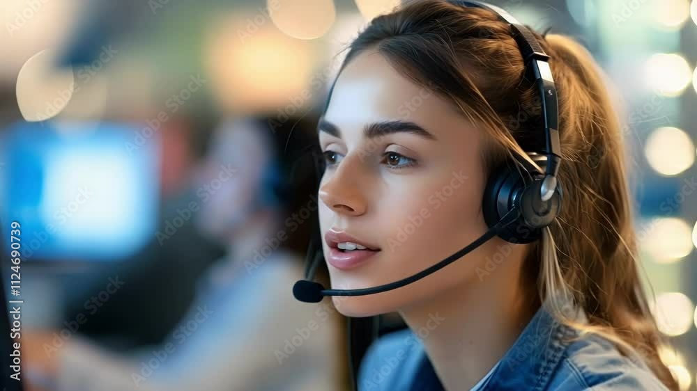 Telemarketer engages in conversation with a client using a headset while working in a bustling call center environment. The scene highlights communication and customer service dynamics
