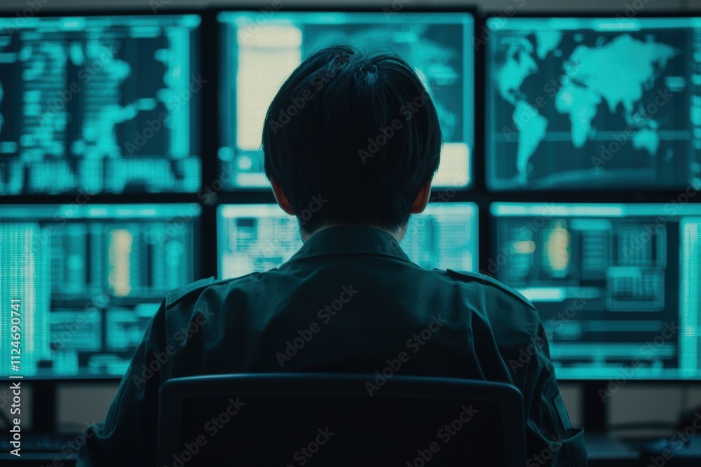 investigation analysis theft concept. A person sits in front of multiple screens displaying data and maps, immersed in analysis and monitoring tasks, surrounded by a blue-lit environment. investigation analysis theft concept. A person sits in front of multiple screens displaying data and maps, immersed in analysis and monitoring tasks, surrounded by a blue-lit environment.