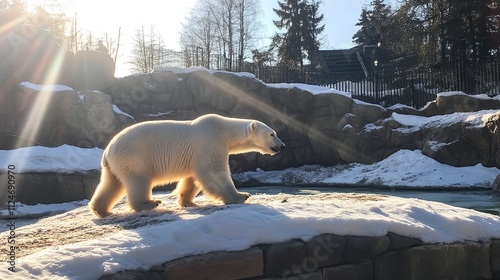 polar bear walking on snow pile. beautiful view in the hot sun. photo