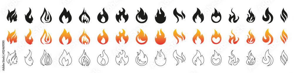 Variety of flame designs in different styles and colors. Fire icon vector set. Flame icon collection. Fire flame symbol. Black, gradient, line set Variety of flame designs in different styles and colors. Fire icon vector set. Flame icon collection. Fire flame symbol. Black, gradient, line set