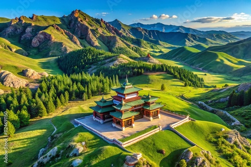 Aerial View of the Stunning Ariyabal Meditation Temple in Gorkhi-Terelj National Park, Mongolia Surrounded by Lush Greenery and Majestic Mountains in a Serene Landscape photo