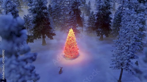 Christmas Tree And Deer In Forest